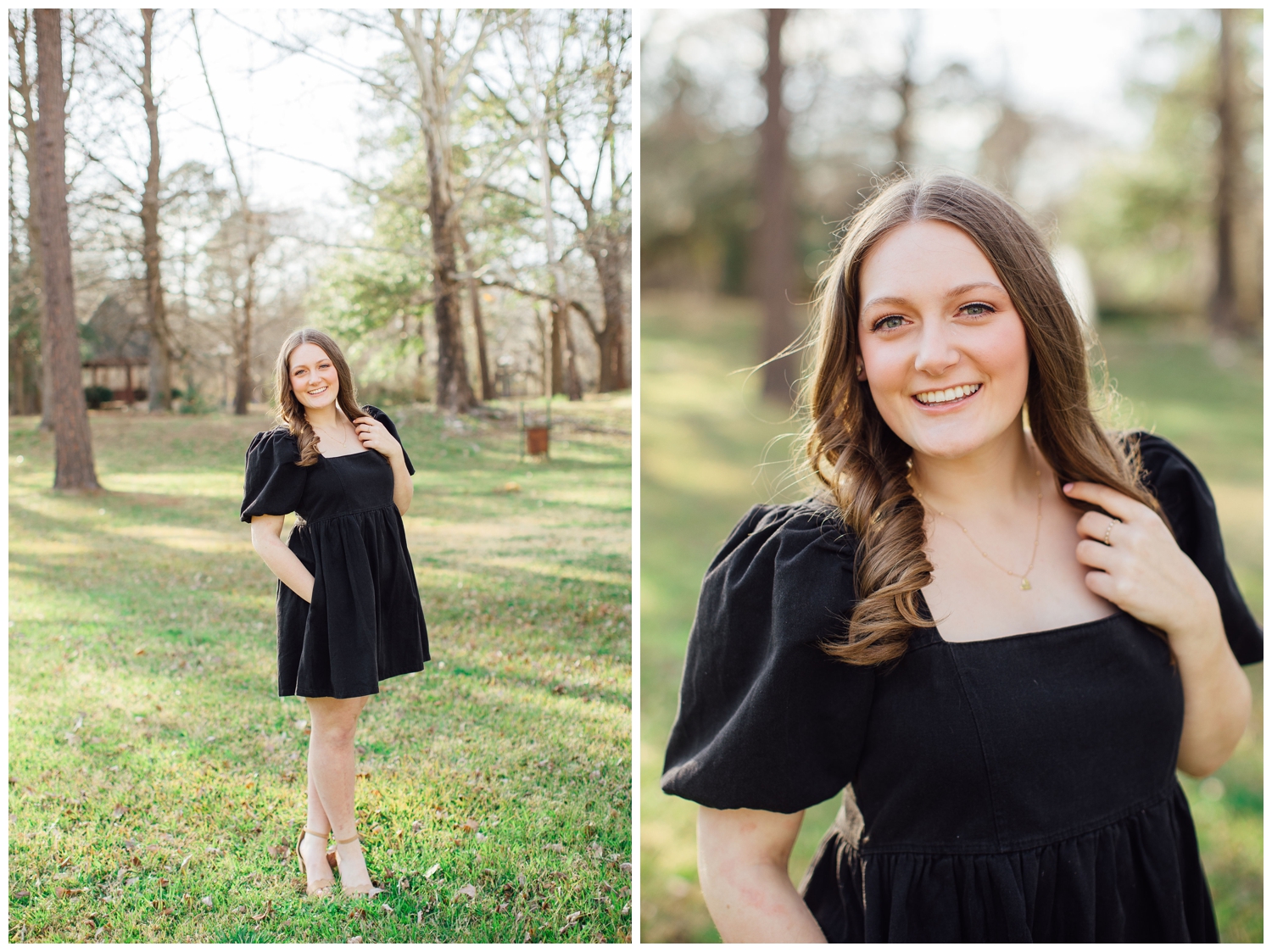 girl in black dress on grass smiling Cypress senior photographer at Cy-Hope