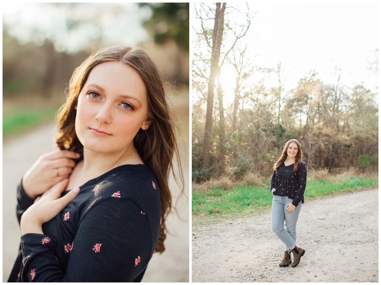 senior girl in jeans and long sleeved navy shirt standing on pathway Cypress texas