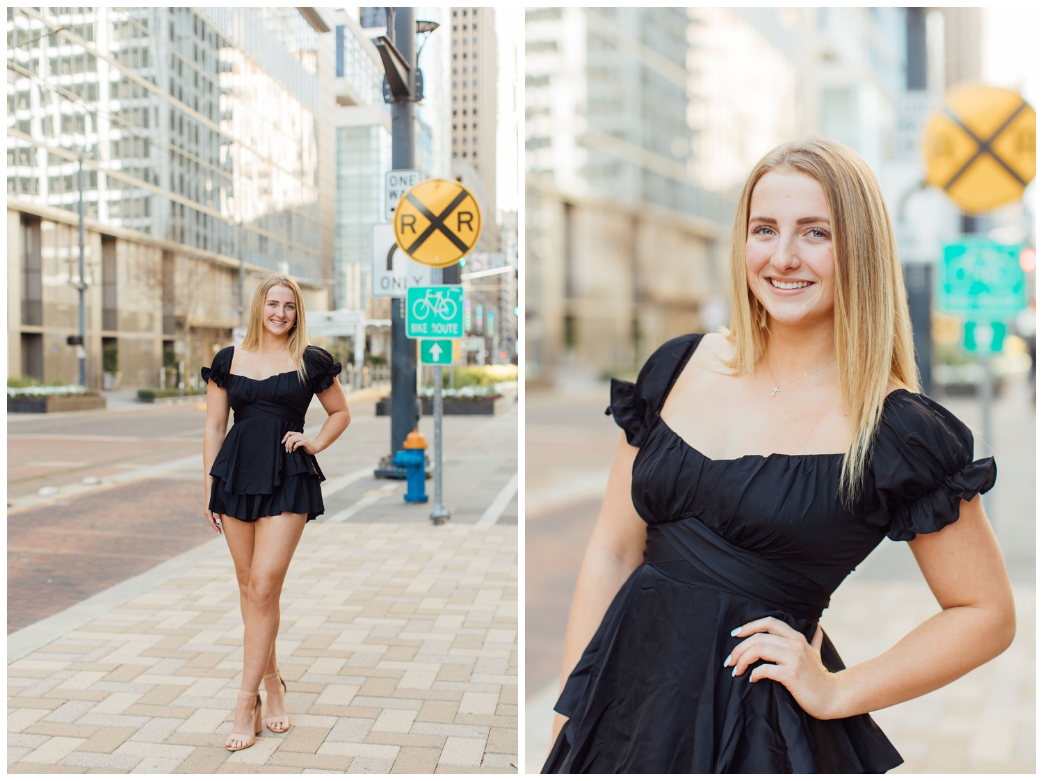 high school senior girl in black dress standing in front of Metro Rail station urban senior photos Houston Main Street