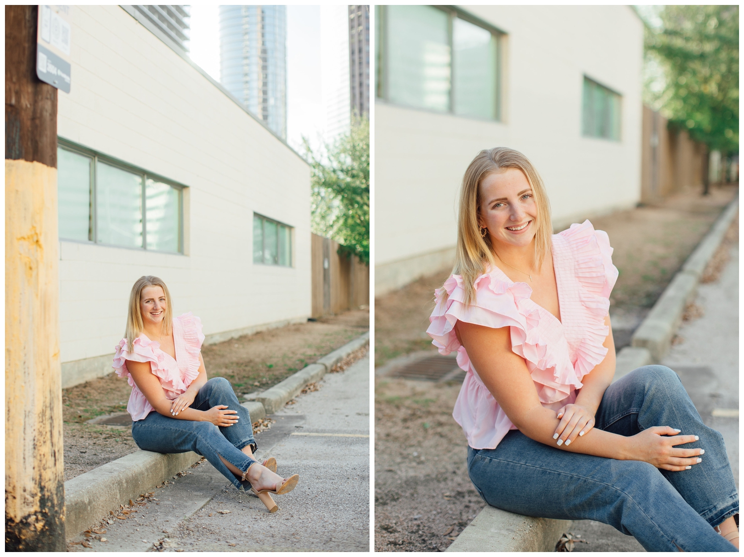 high school senior girl in pink blouse and jeans sitting on curb in downtown Houston