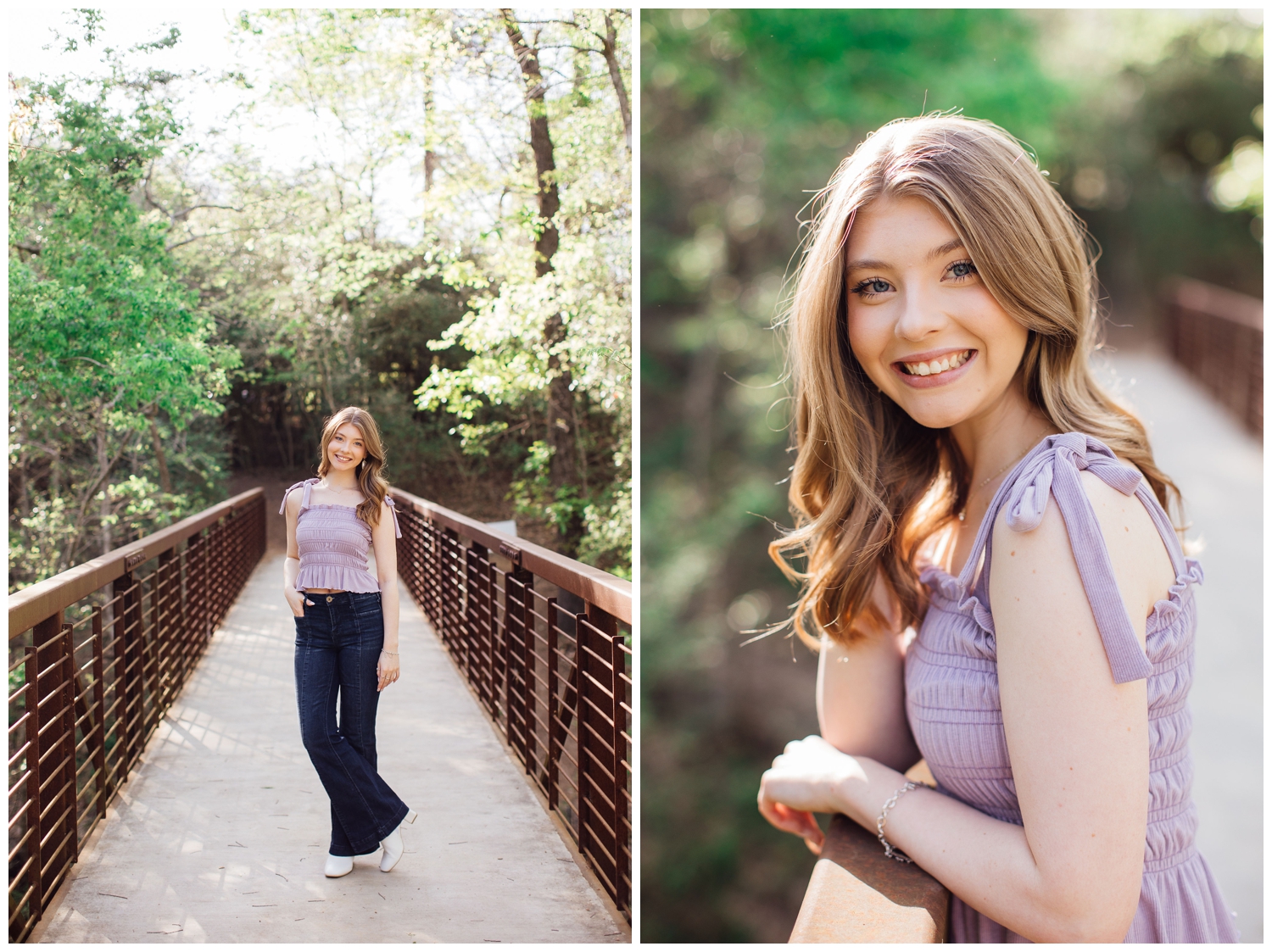 girl in denim jeans and purple shirt standing on bridge Houston senior portraits at Houston Arboreteum