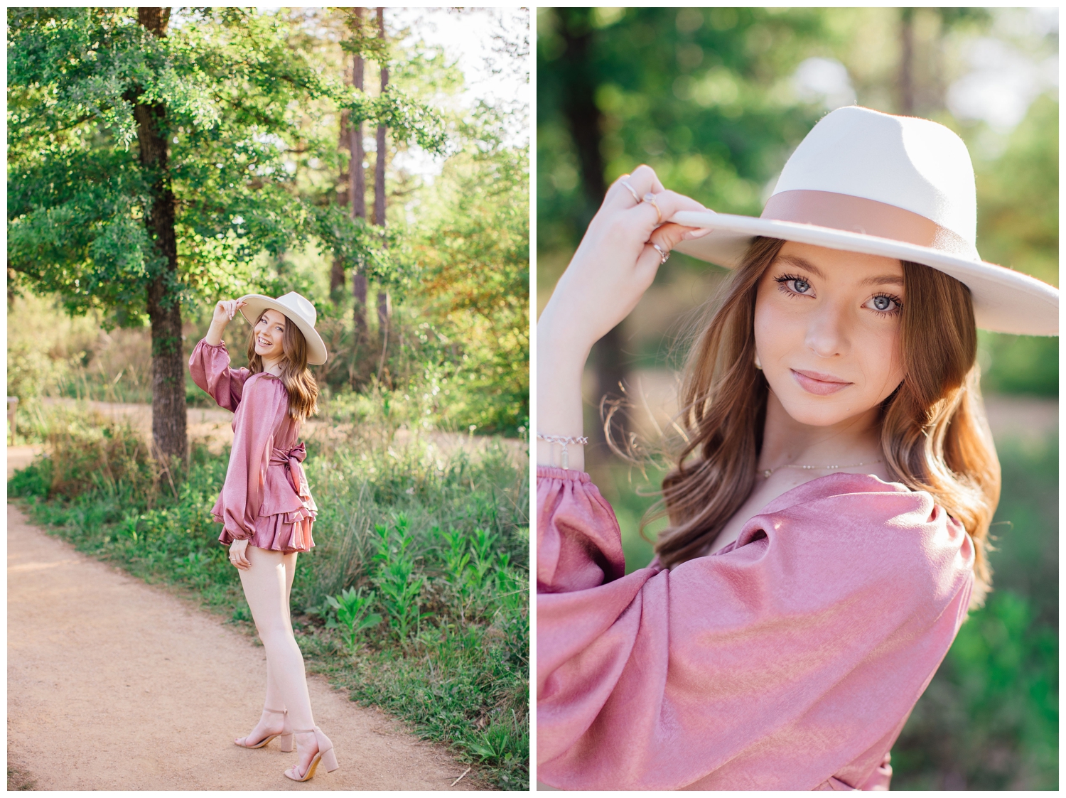 senior girl in pink romper and white hat by trees on pathway