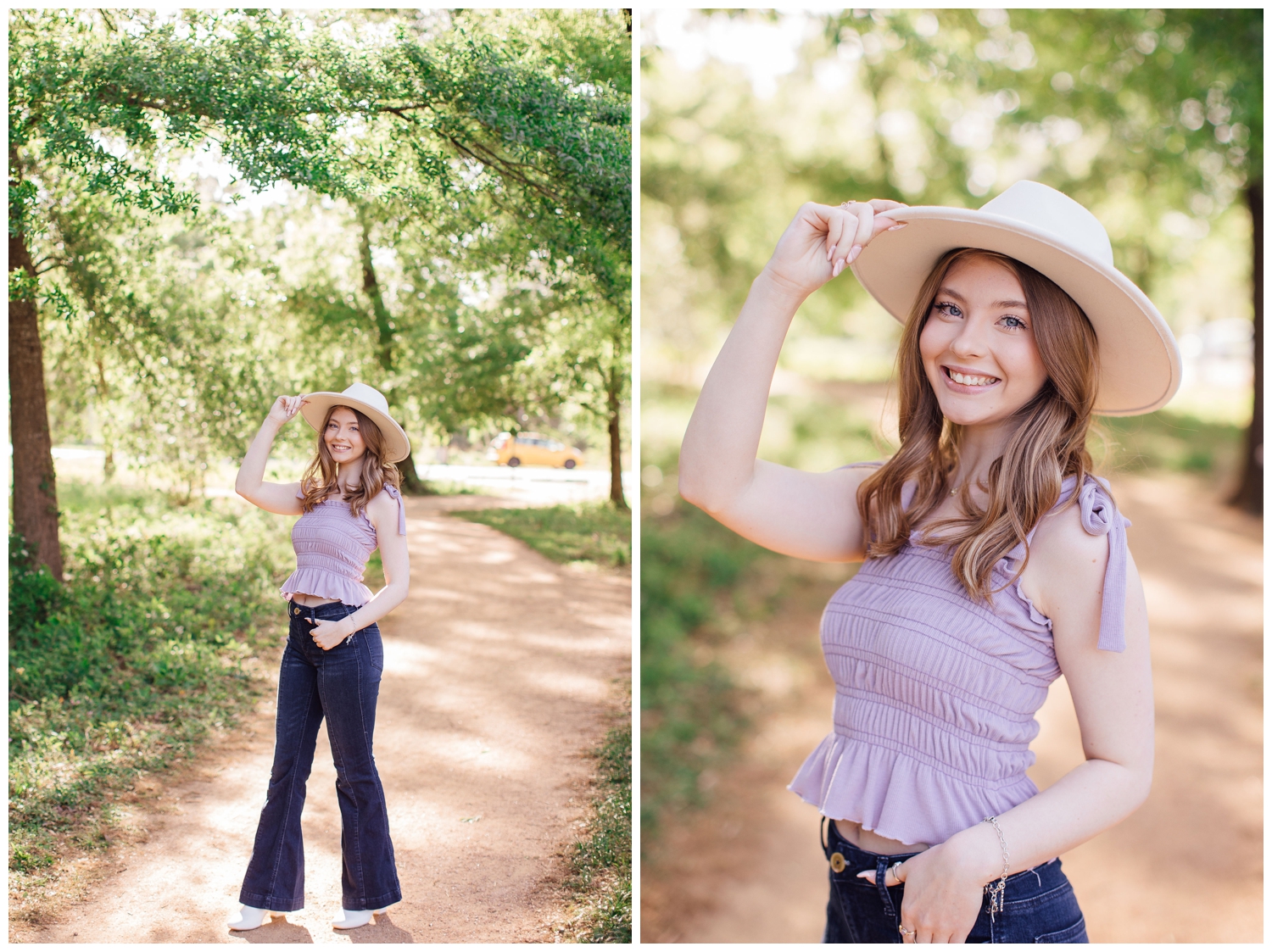 high school senior girl in jeans and purple shirt on pathway Arboretum Houston senior portraits