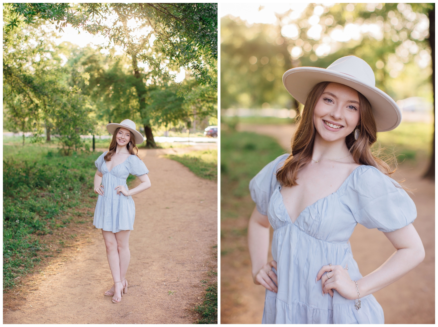 high school senior girl in blue dress with hands on hip wearing white hat on a pathway