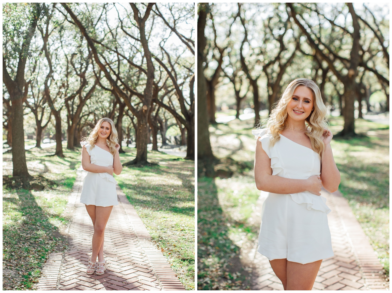 high school girl standing in tree line on pathway for senior pictures Houston Texas