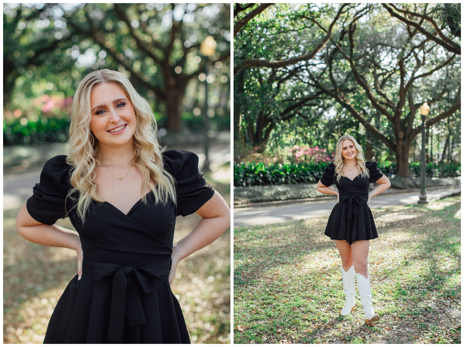 Senior pictures Houston Texas girl in black dress and white boots outdoors