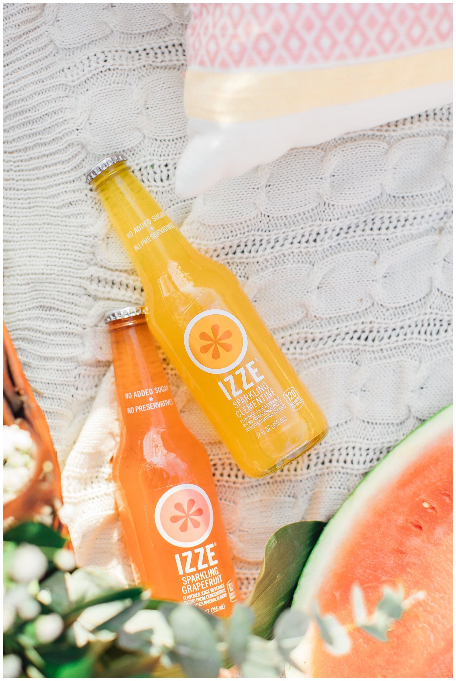 detail image of Izze drink bottles and watermelon for spring picnic senior pictures