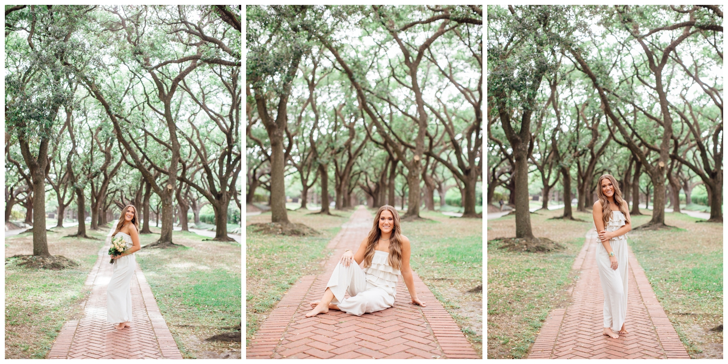 girl sitting on pathway for Vibrant senior pictures in Houston