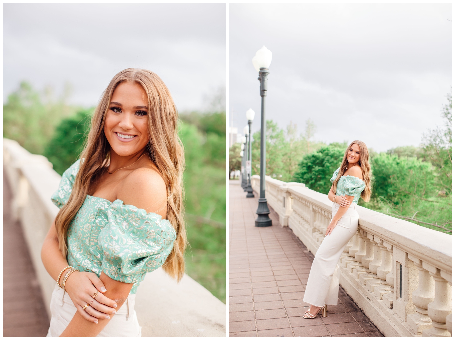 girl in white pants and green shirt standing on Sabine Street bridge for vibrant senior pictures in Houston