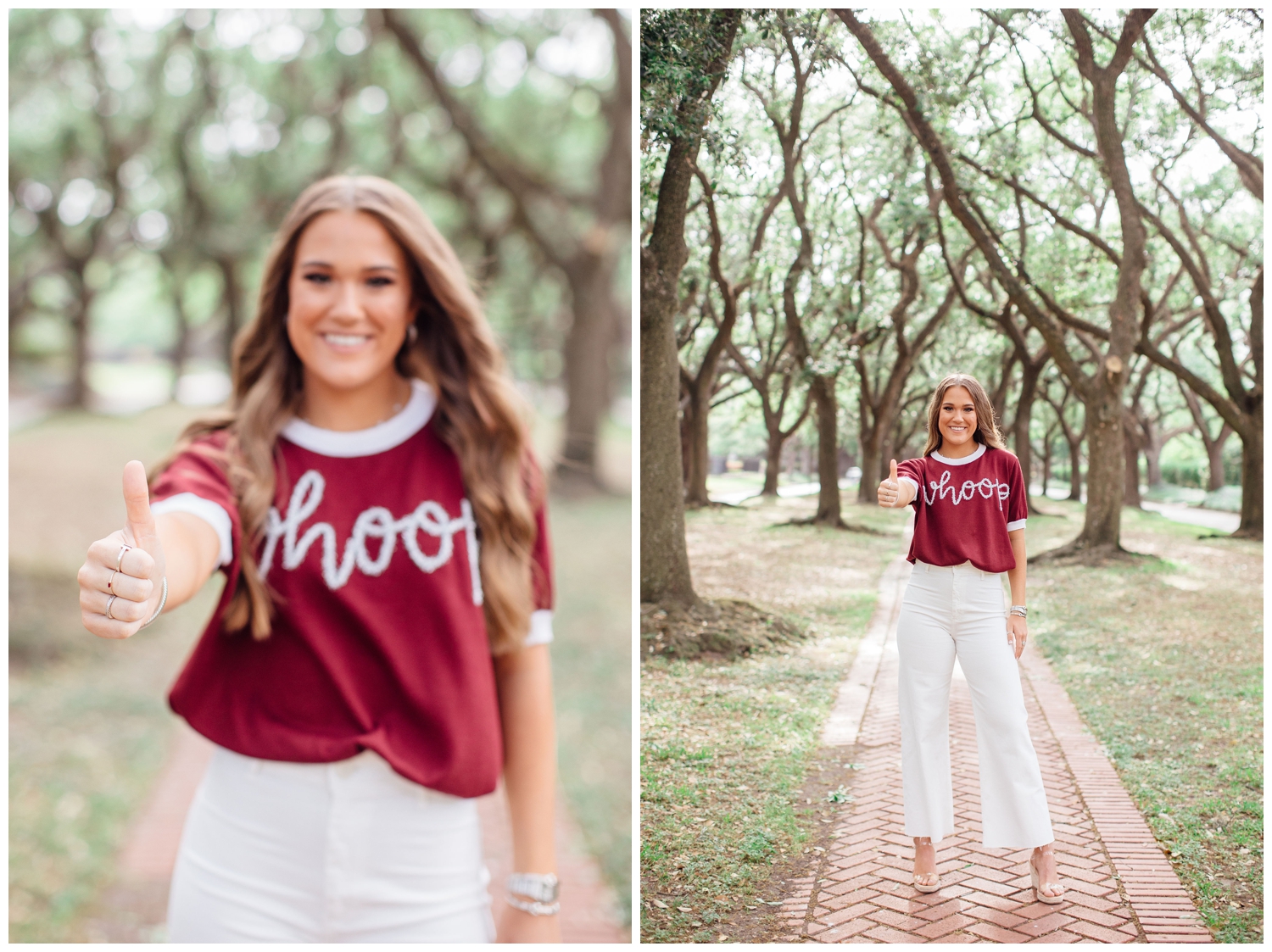vibrant senior pictures in Houston with girl in maroon shirt and white pants holding thumb out at camera