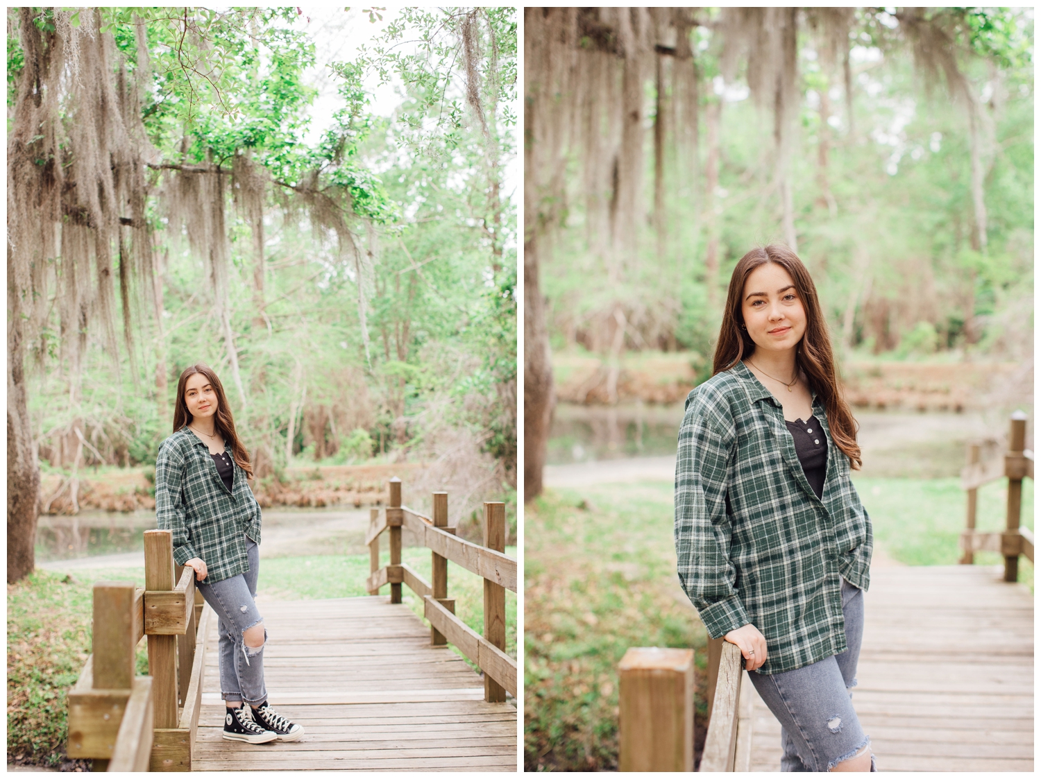 girl in jeans and plaid shirt standing on mossy bridge at Cy-Hope