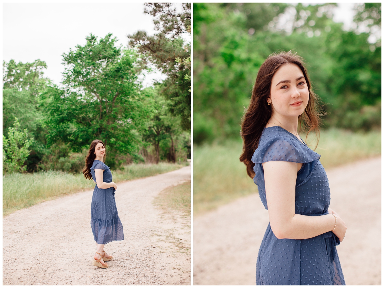 girl standing in pathway at Cy-Hope wearing blue sundress
