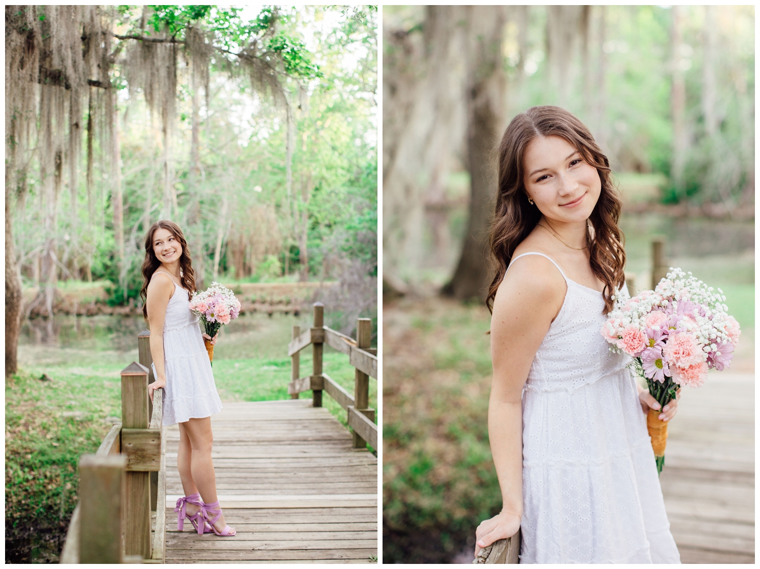 girl in white dress holding flowers standing on bridge under mossy trees at Cy Hope
