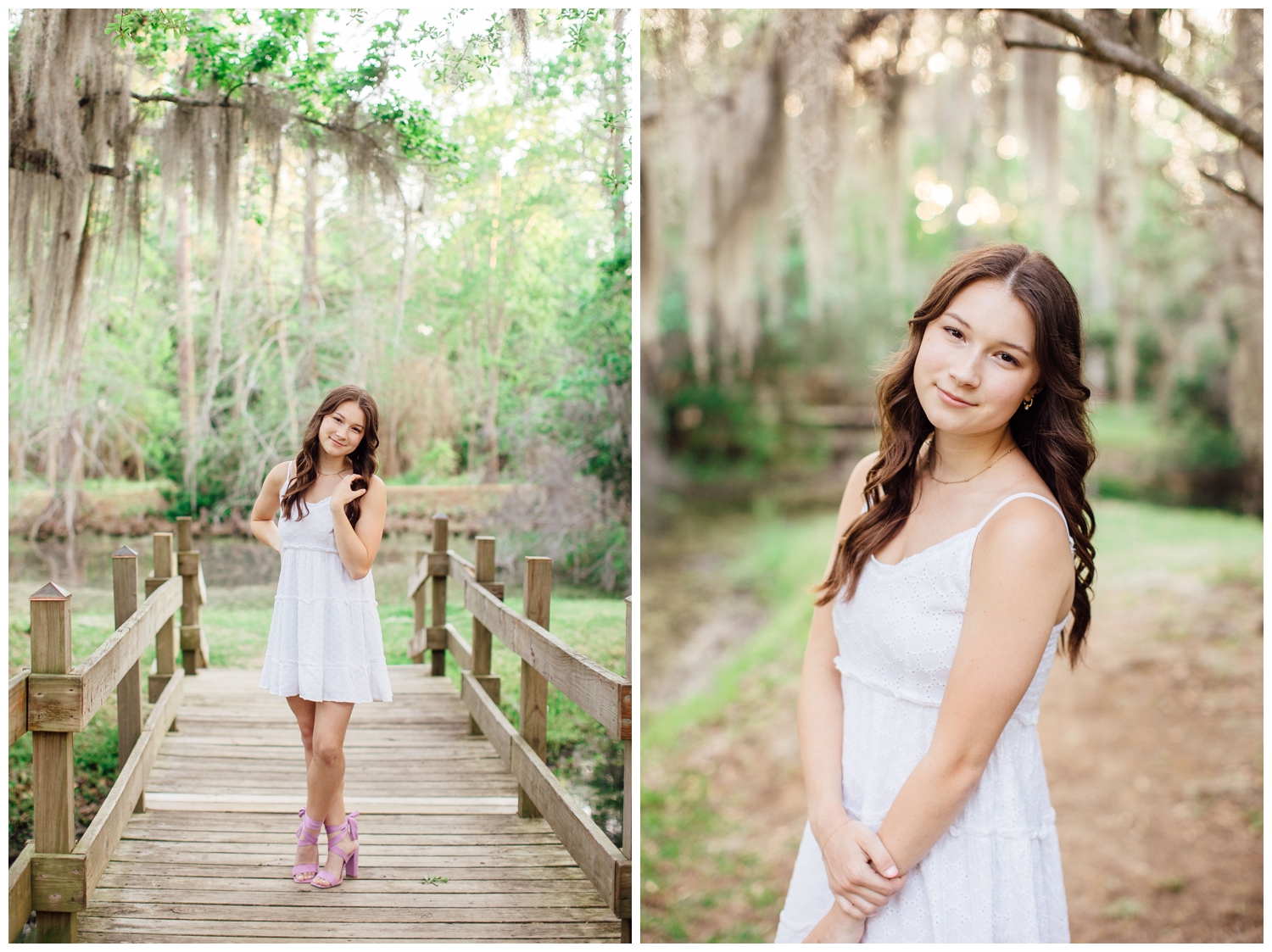 high school senior in white dress standing on bridge under mossy trees spring senior photos Houston