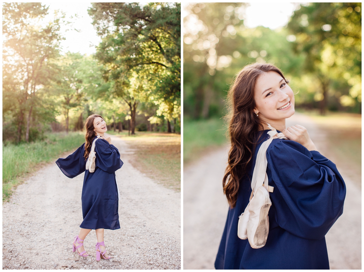 high school senior wearing cap and gown holding toe shoes over shoulder for girl in white shirt with hands on hip standing in field for spring senior photos Houston