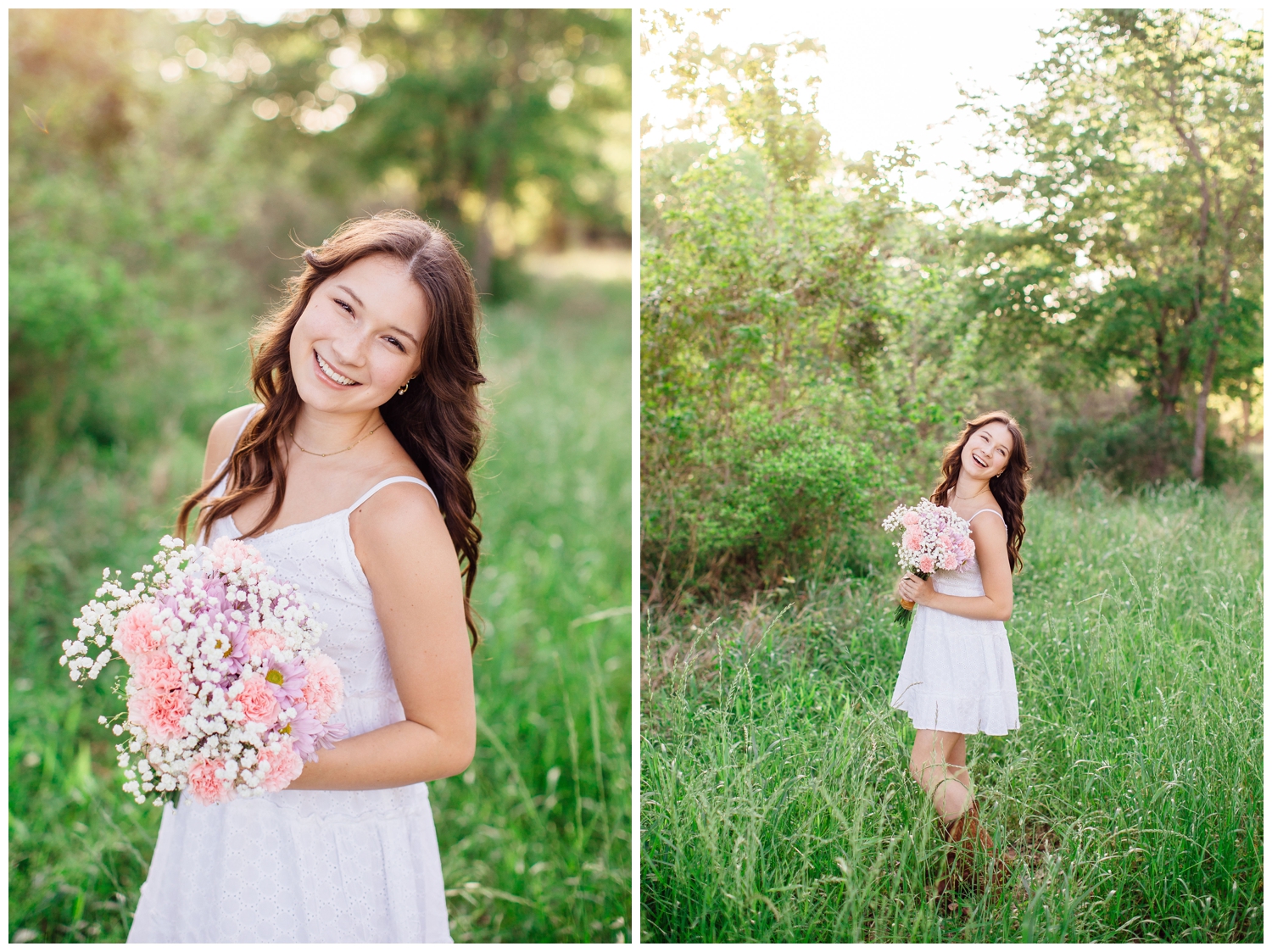 girl in white dress and boots standing in field at Cy Hope for senior photos
