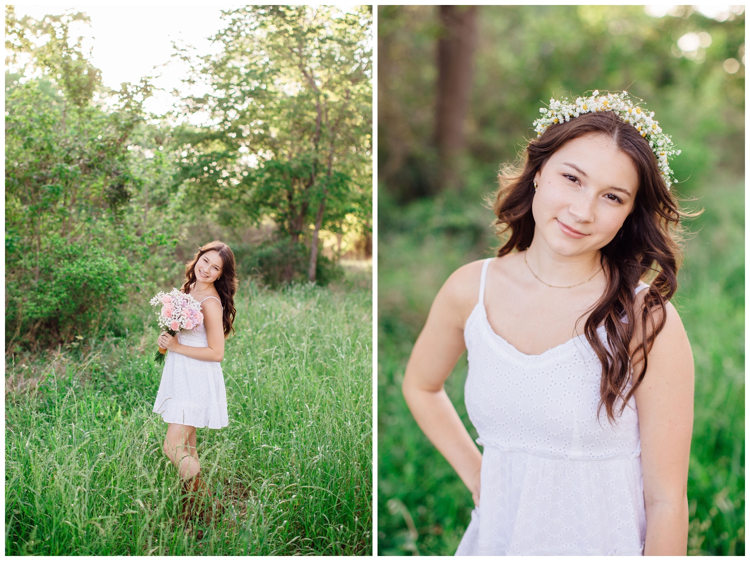 girl in white dress with flower crown standing in field for spring senior photos Houston, Texas