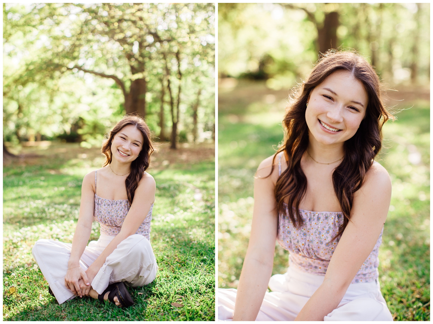 Houston high school senior girl sitting on grass in white pants and flower top smiling
