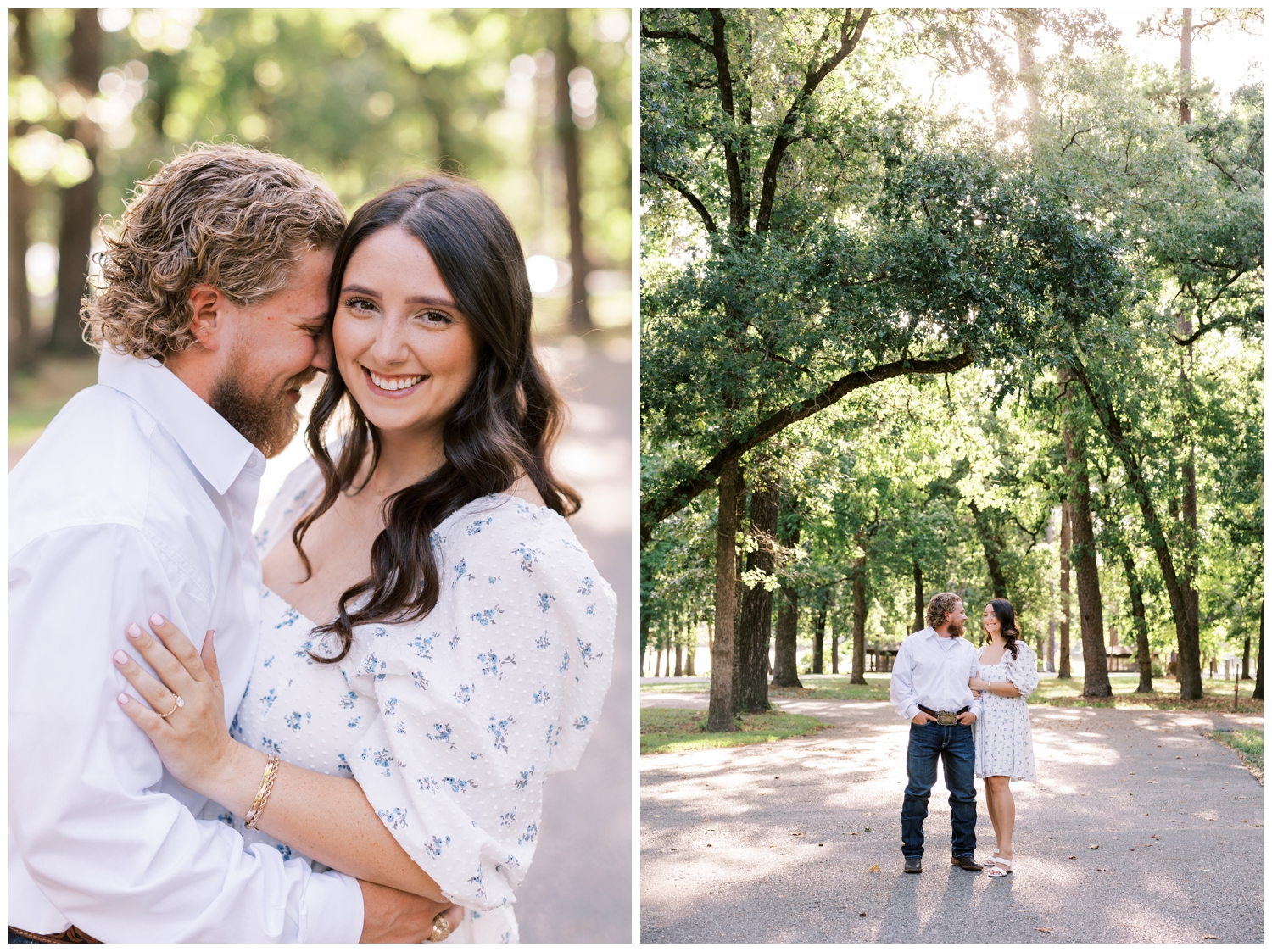 couple in white standing on pathway for Engagement Photos Huntsville Texas