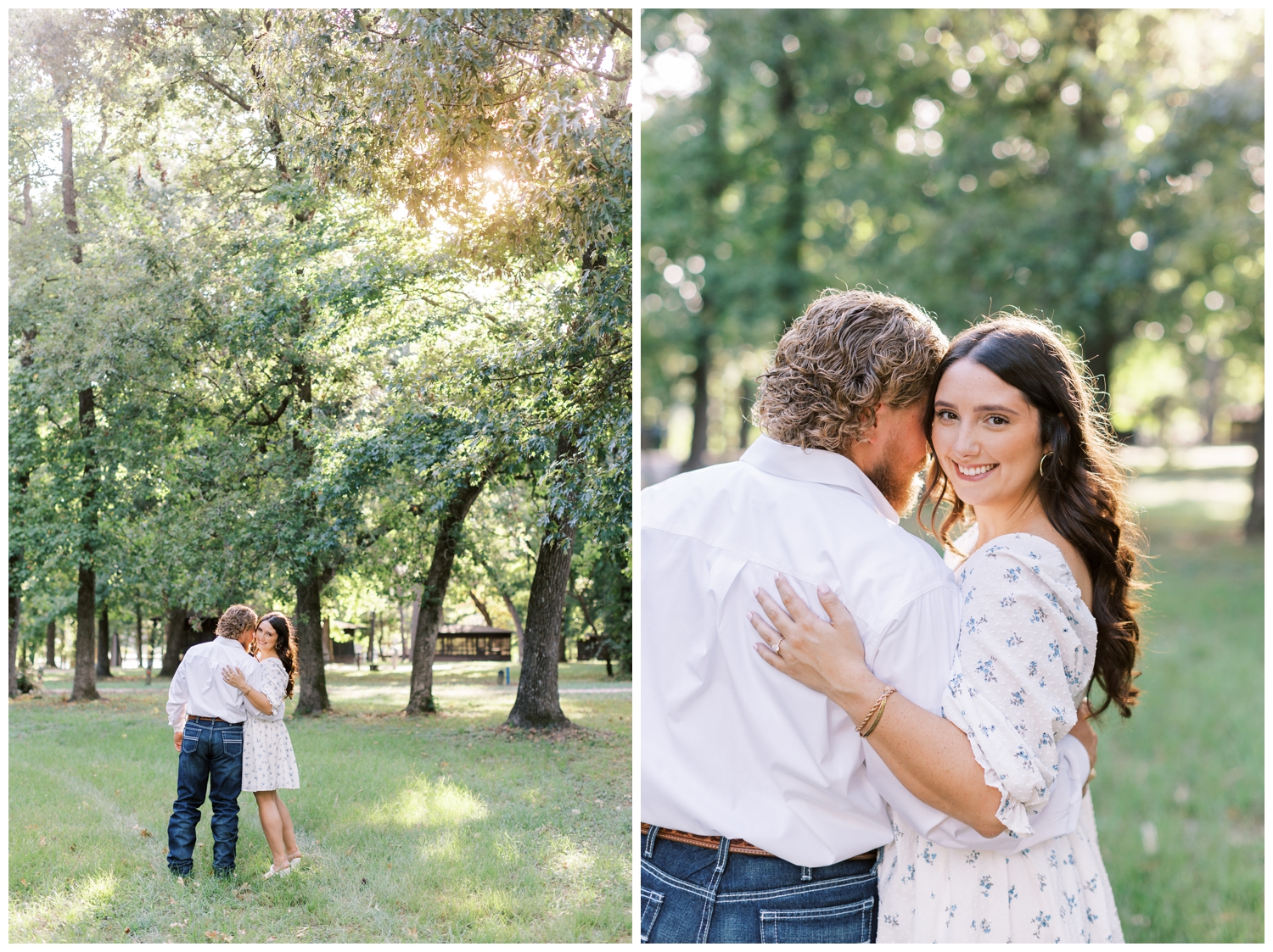 couple nuzzling at Huntsville State park under trees during golden hour