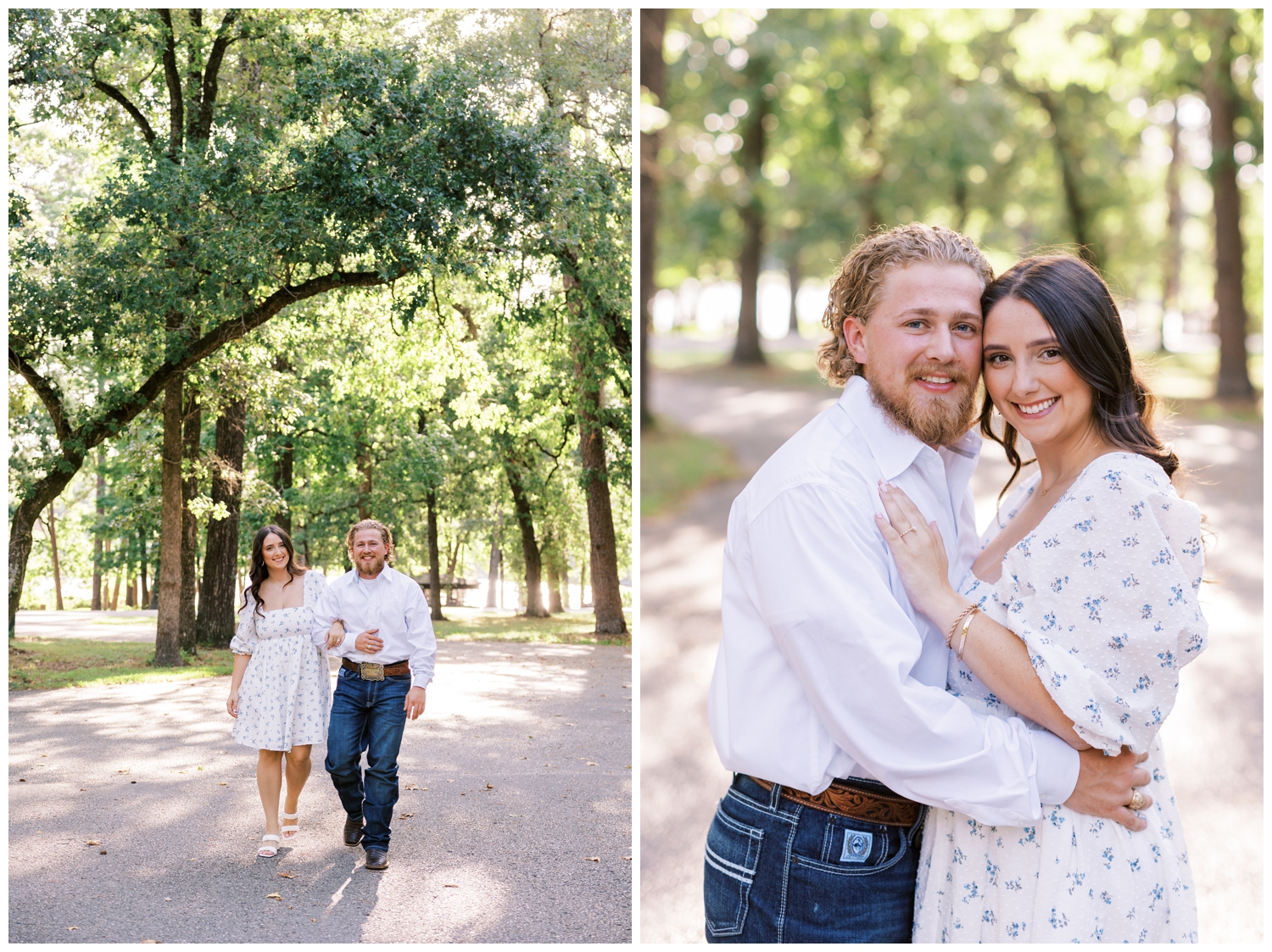 engagement photos Huntsville, Texas with bride in white dress and groom in white shirt and jeans laughing