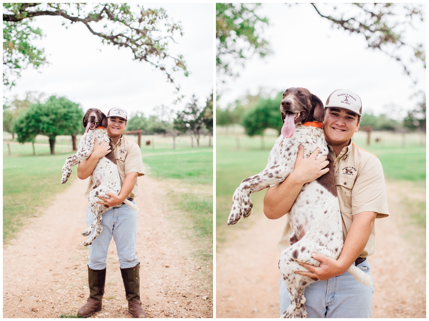 boy in hunting gear holding a dog on a ranch outside Houston Texas