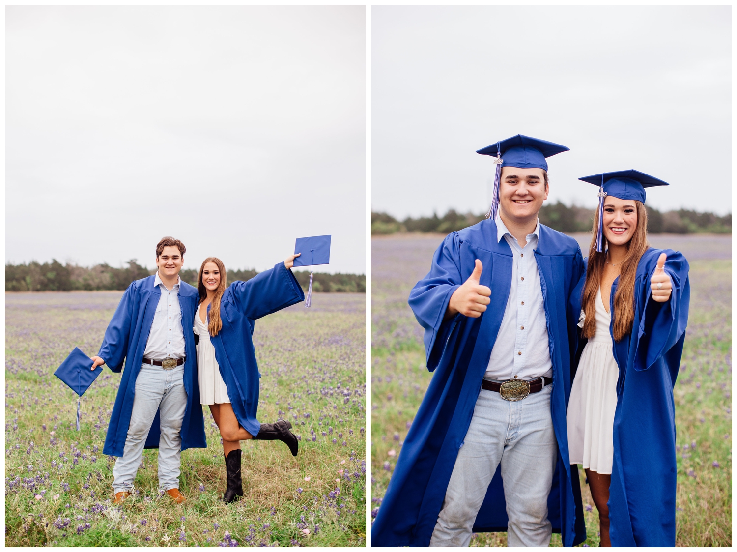 twin siblings standing in bluebonnet field in cap and gown for Senior Pictures for guys