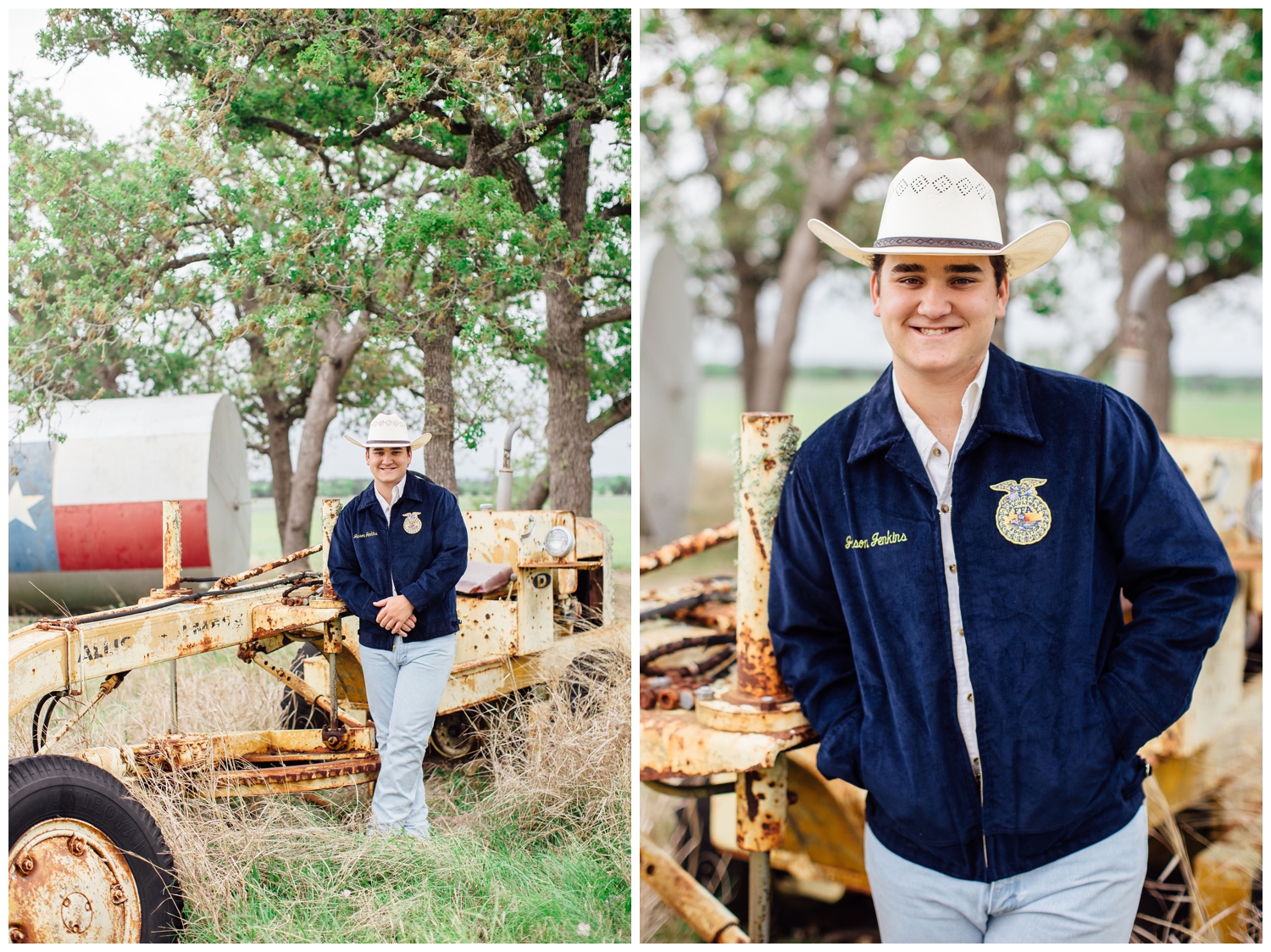 senior pictures for guys Houston, Texas outside with guy wearing FFA navy jacket, cowboy hat and standing by tractor