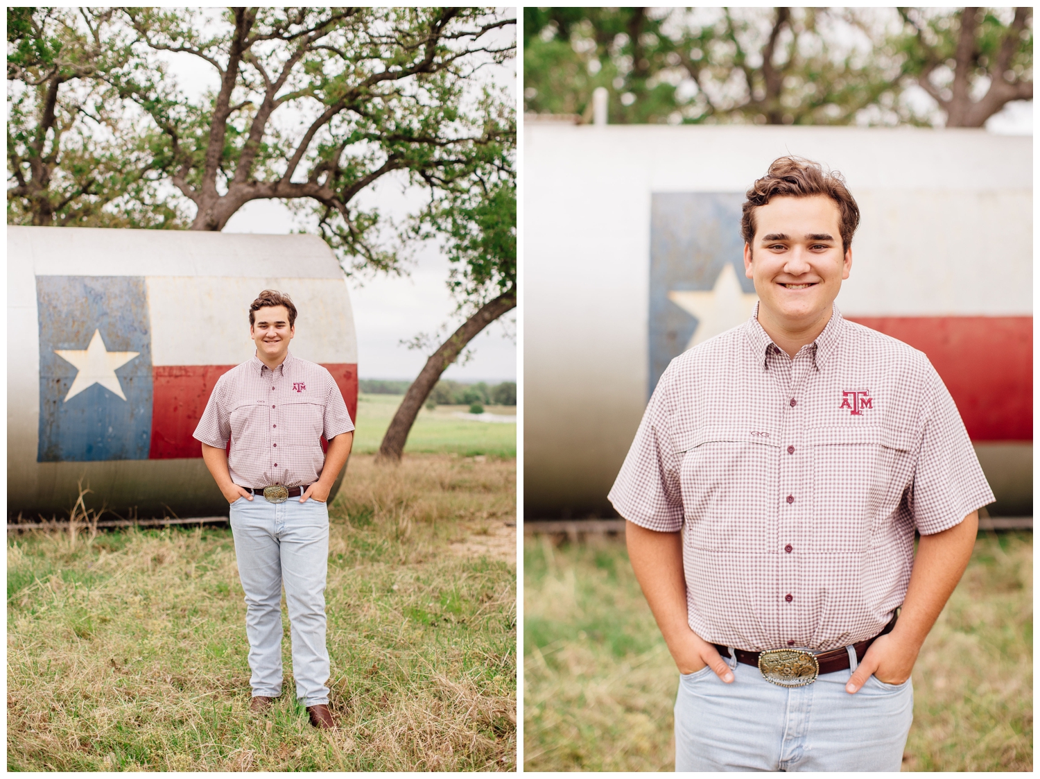 senior boy smiling and standing in a field on ranch in Houston texas