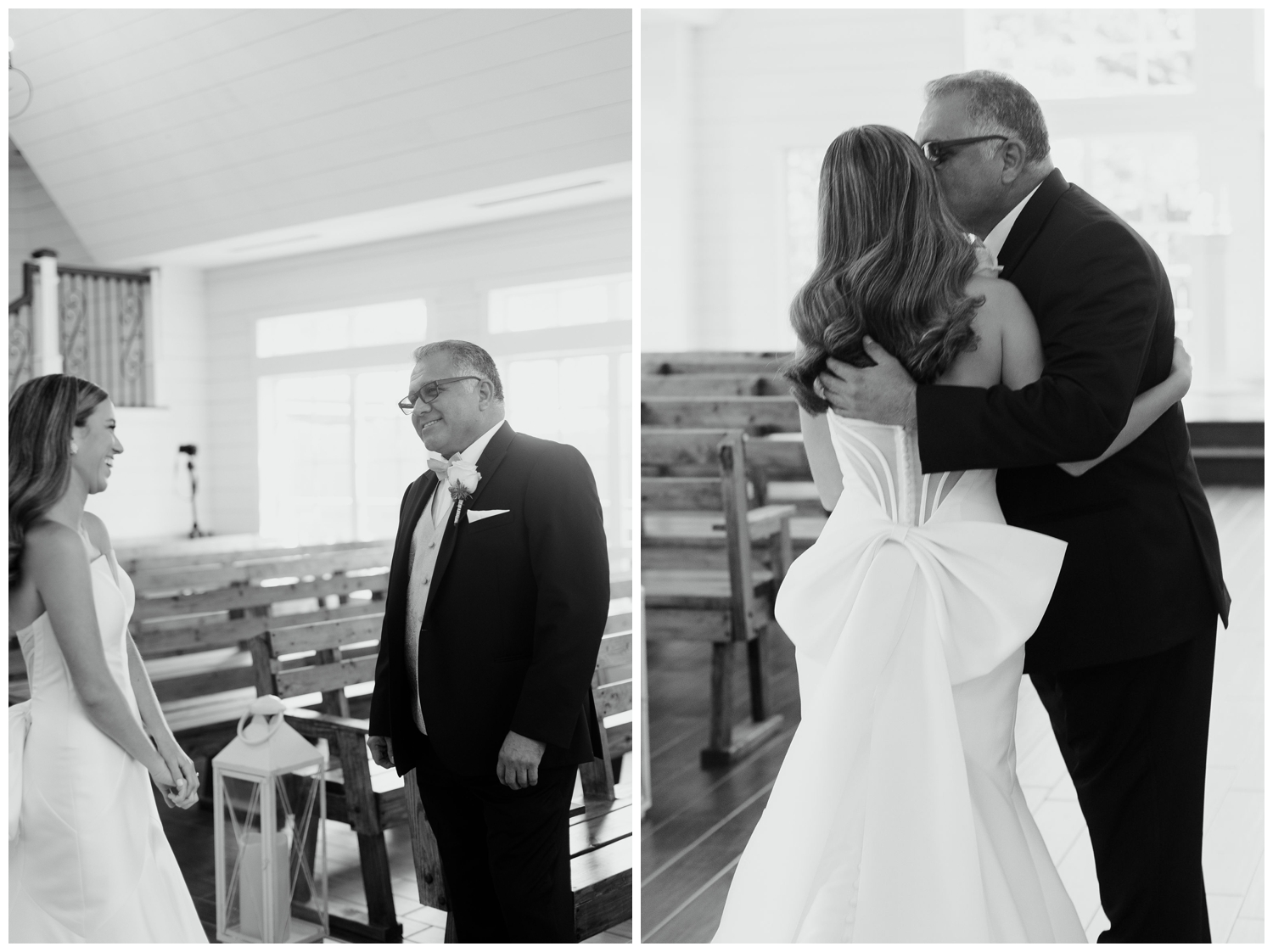 black and white images father bride first look inside The Carriage House Houston wedding chapel
