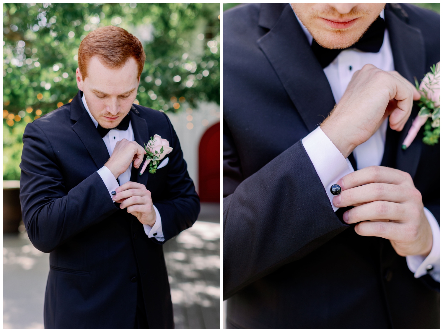 groom fastening cufflinks outside at The Carriage House Houston wedding venue
