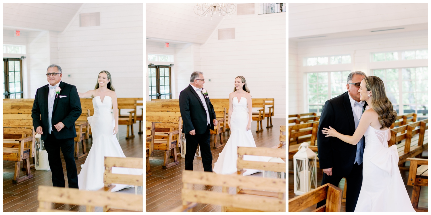father and bride first look inside The Carriage House Houston wedding chapel