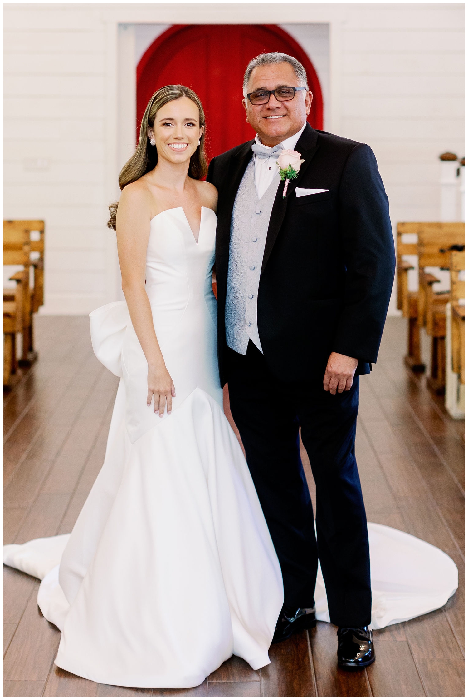 bride and father standing inside chapel at The Carriage House Houston