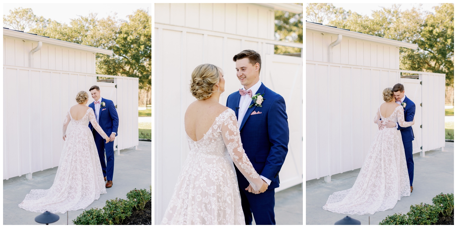 bride and groom embrace during first look at The Springs Wallisville Wedding