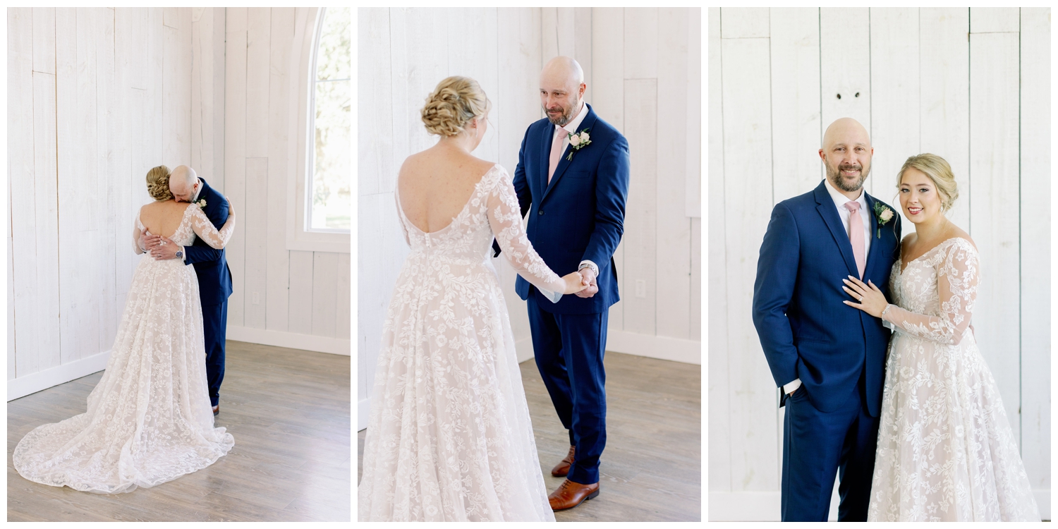 The Springs Wallisville Wedding venue first look between bride and father in blue suit