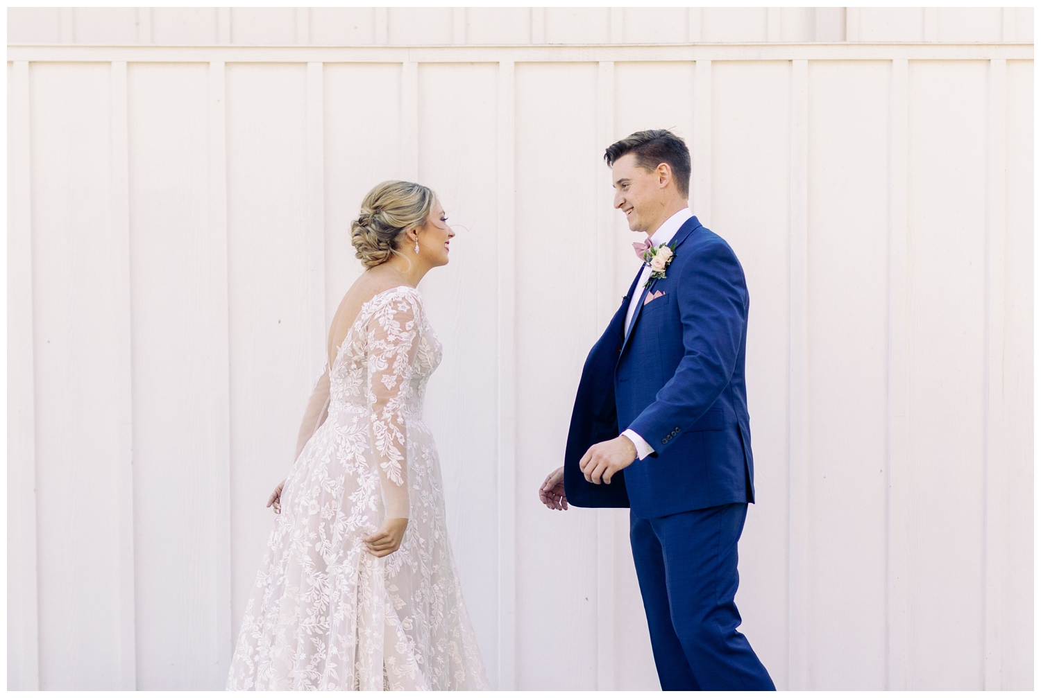 bride and groom first look outdoors at The Springs Wallisville Wedding venue