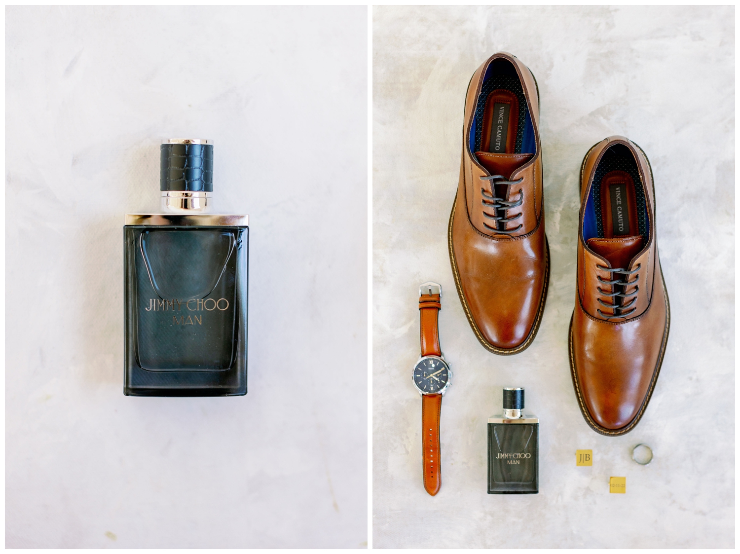 flatlay of groom details brown shoes, watch and cologne bottle