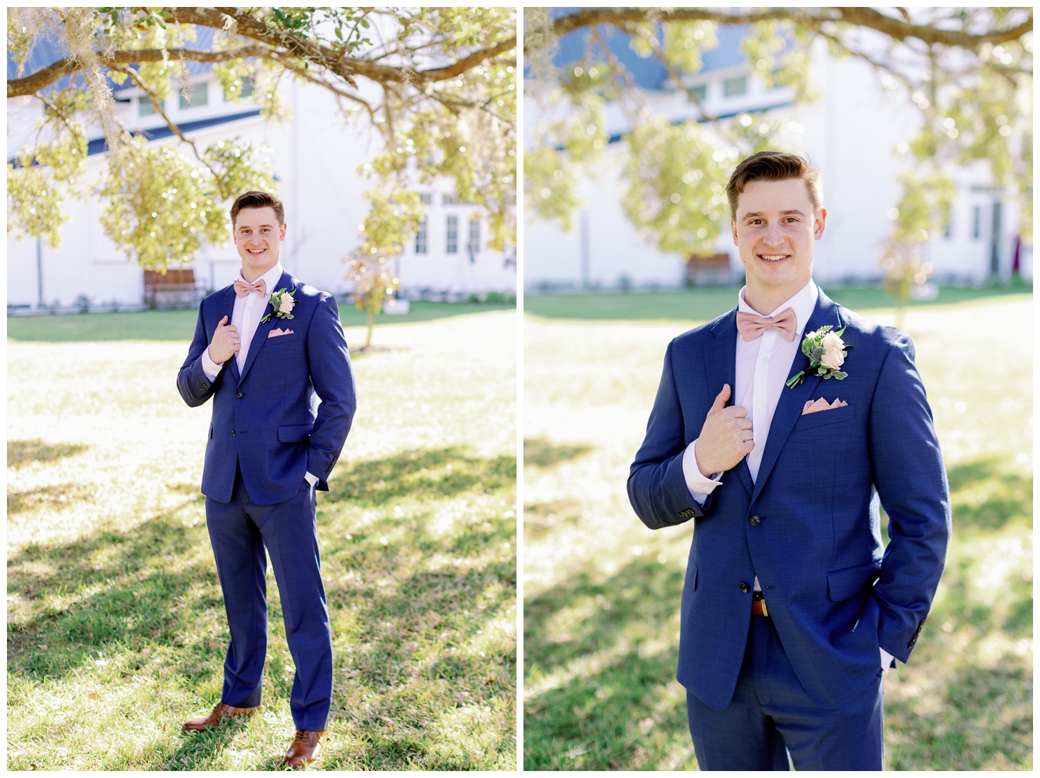 groom in blue suit with pink bow tie standing outside under tree at The Springs Wallisville Wedding venue