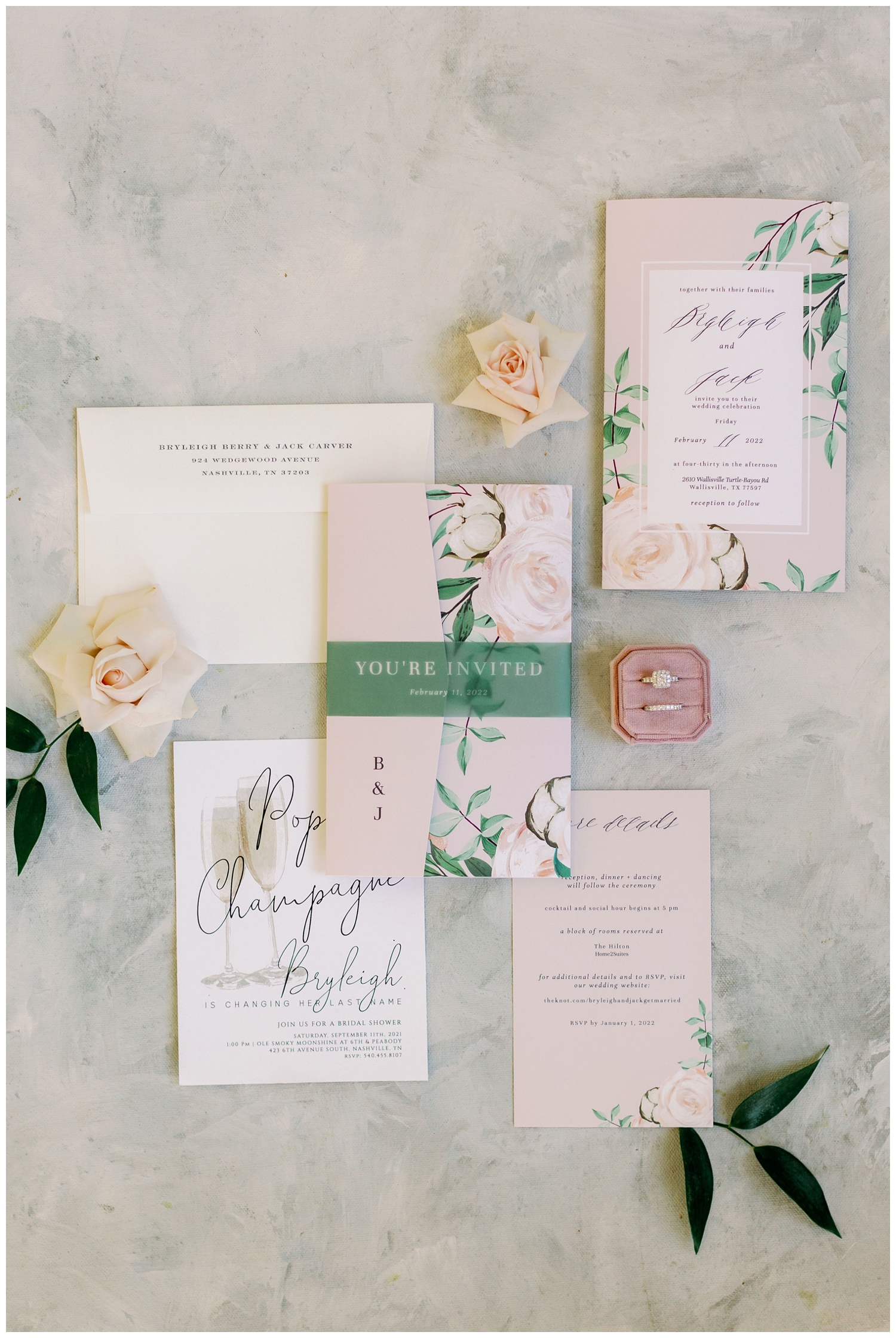 white and blush invitation suite at The Springs Wallisville Wedding