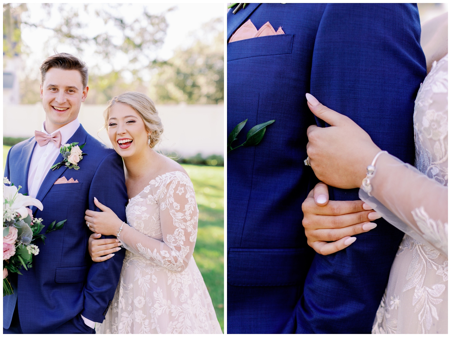 bride and groom portrait with close up of hands wrapped around each other