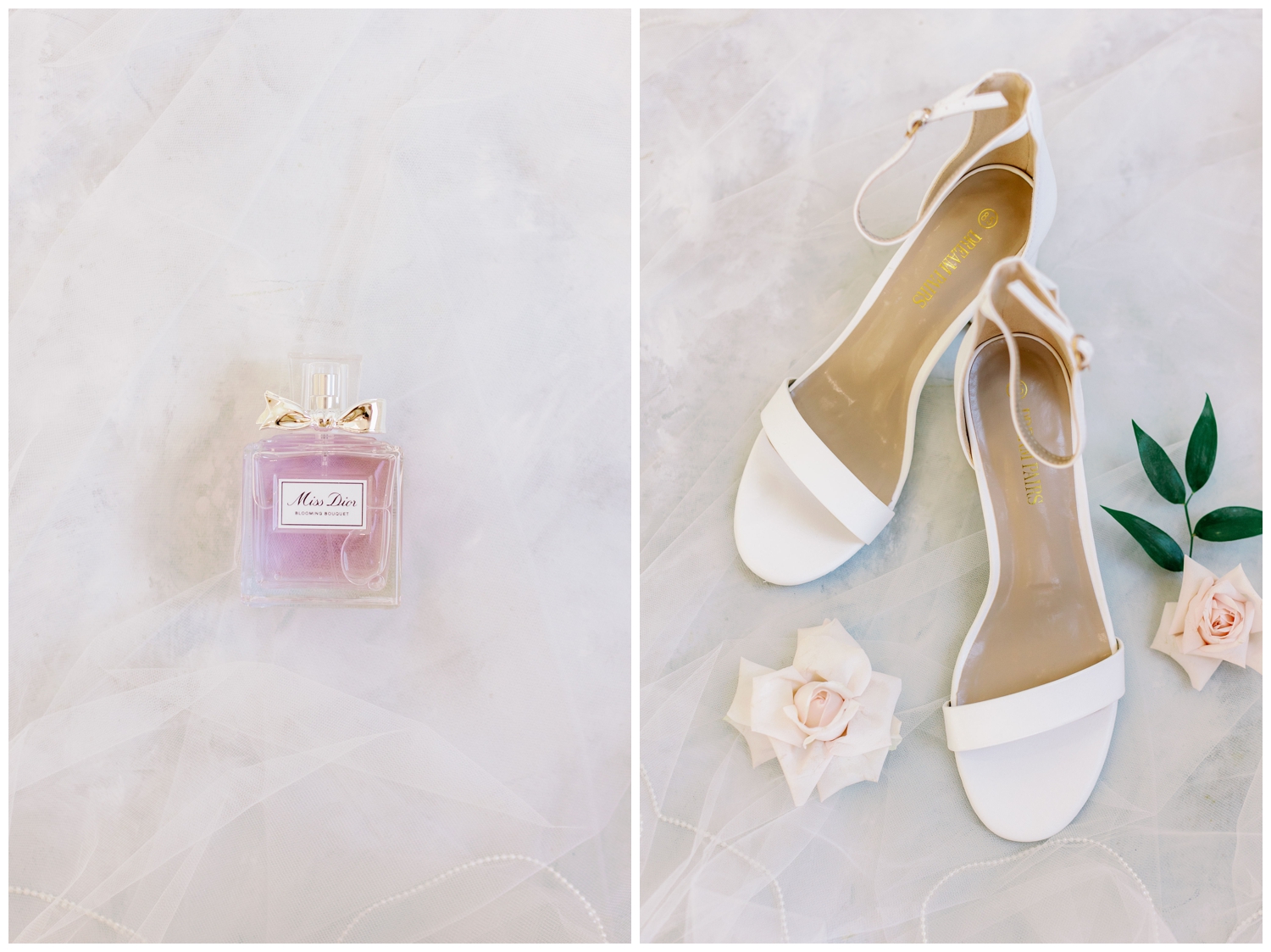 flatlay of white wedding shoes and pink perfume bottle