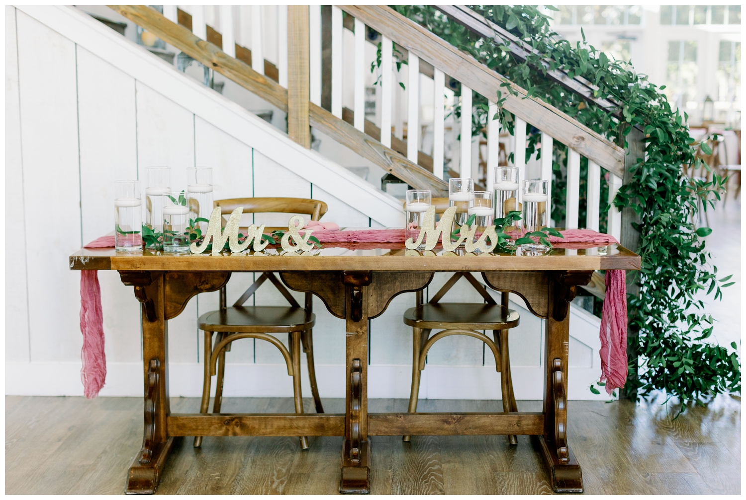 farmhouse sweetheart table with blush ribbon