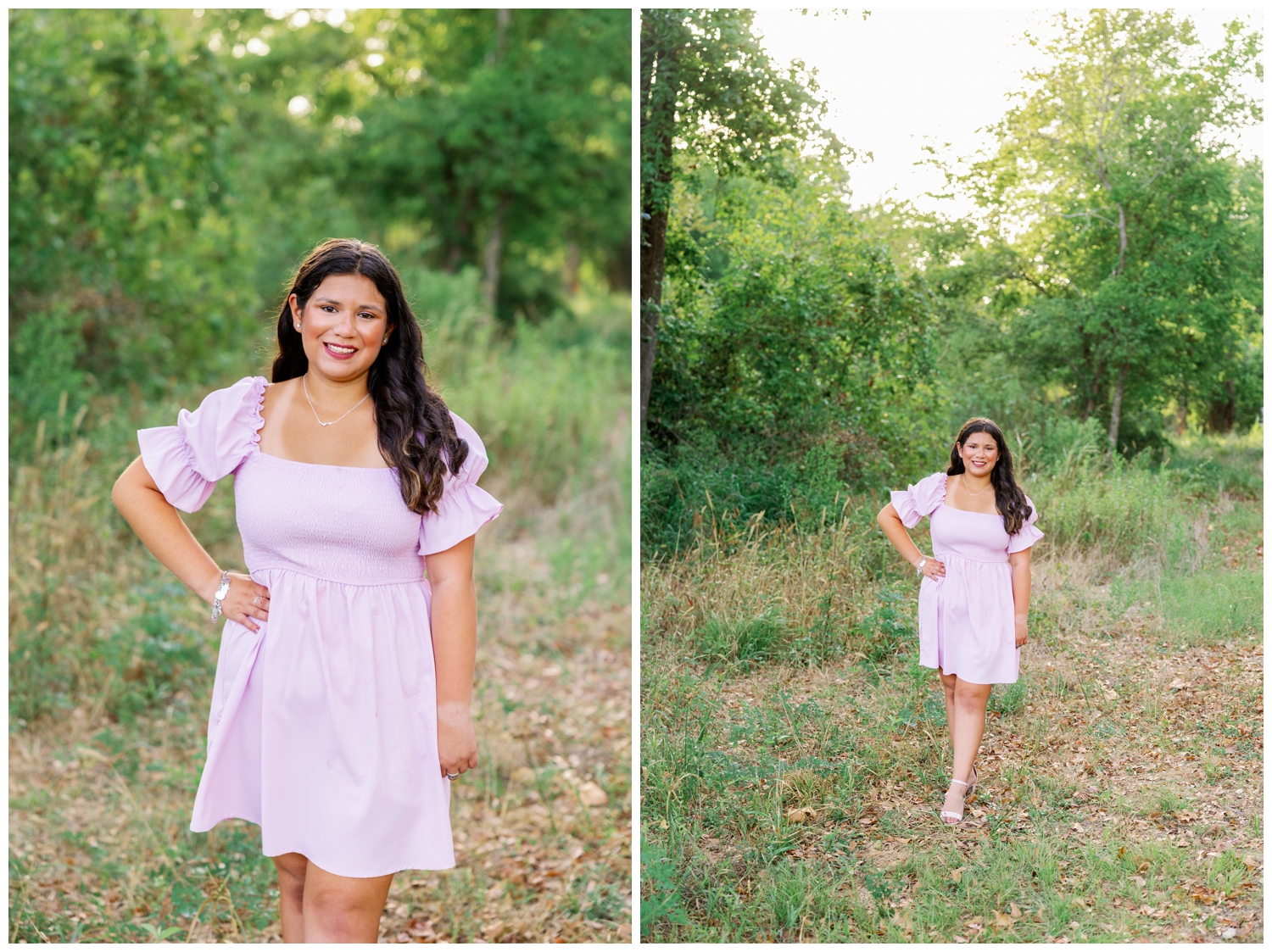 Dawson high school senior girl in pink dress with hand on hip in a field