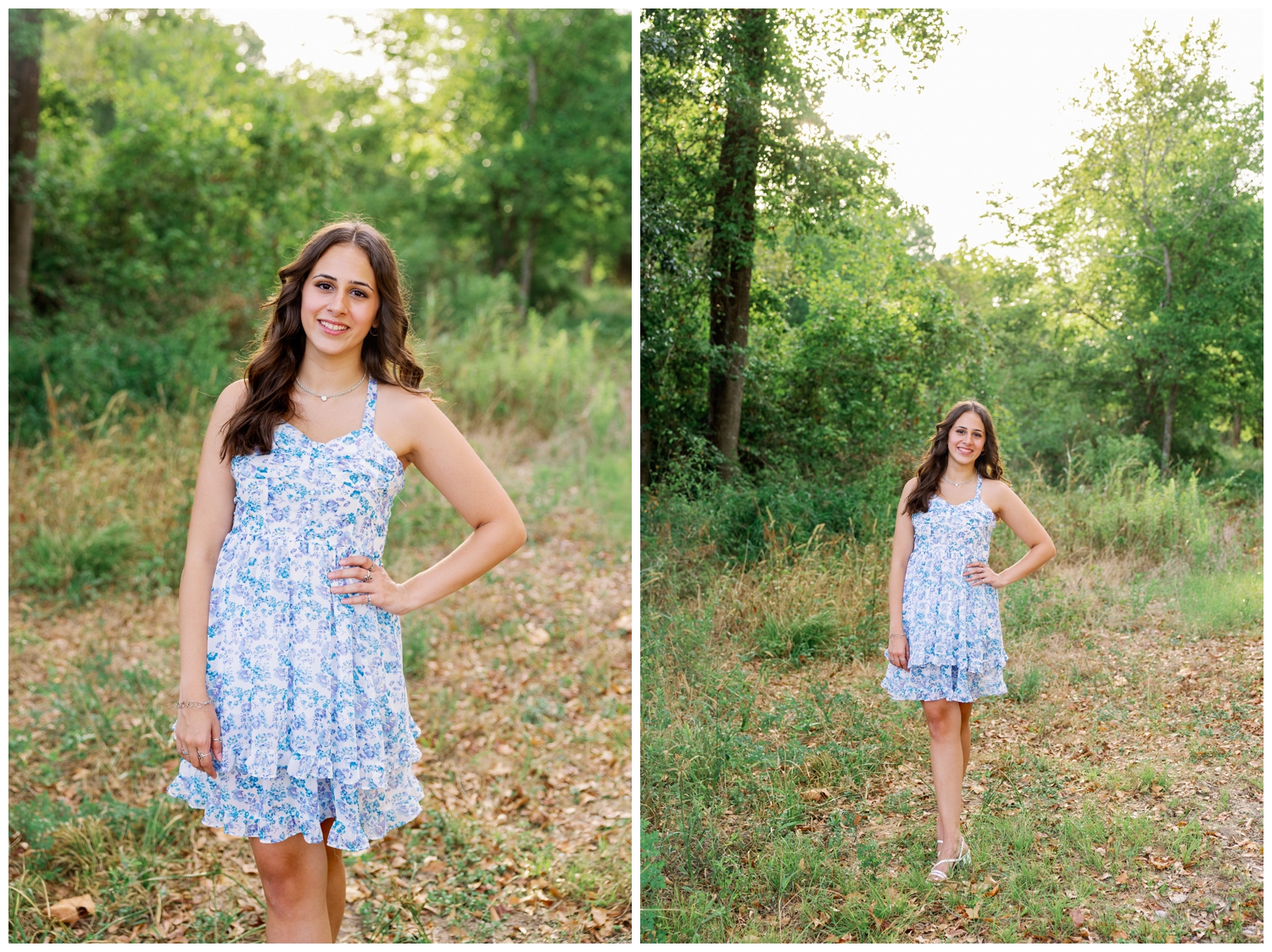 girl in blue and white floral dress posing in a field for Dawson & Pearland High School Spokesmodel team