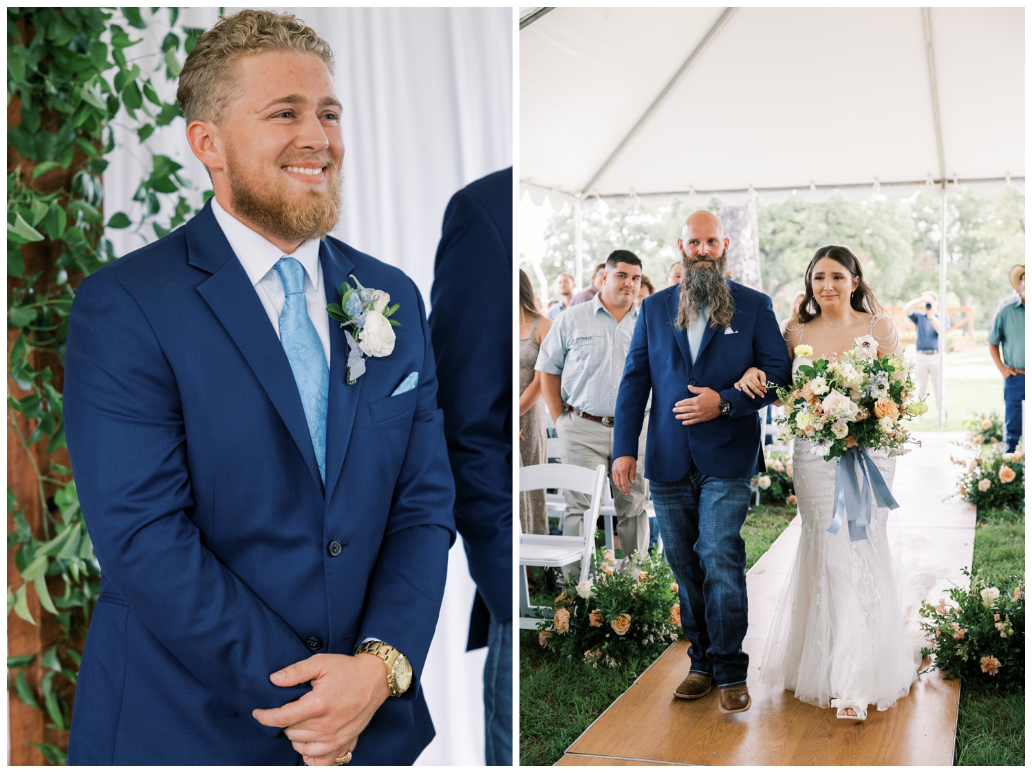 bride and father walking down aisle groom smiling outdoor tent wedding ceremony