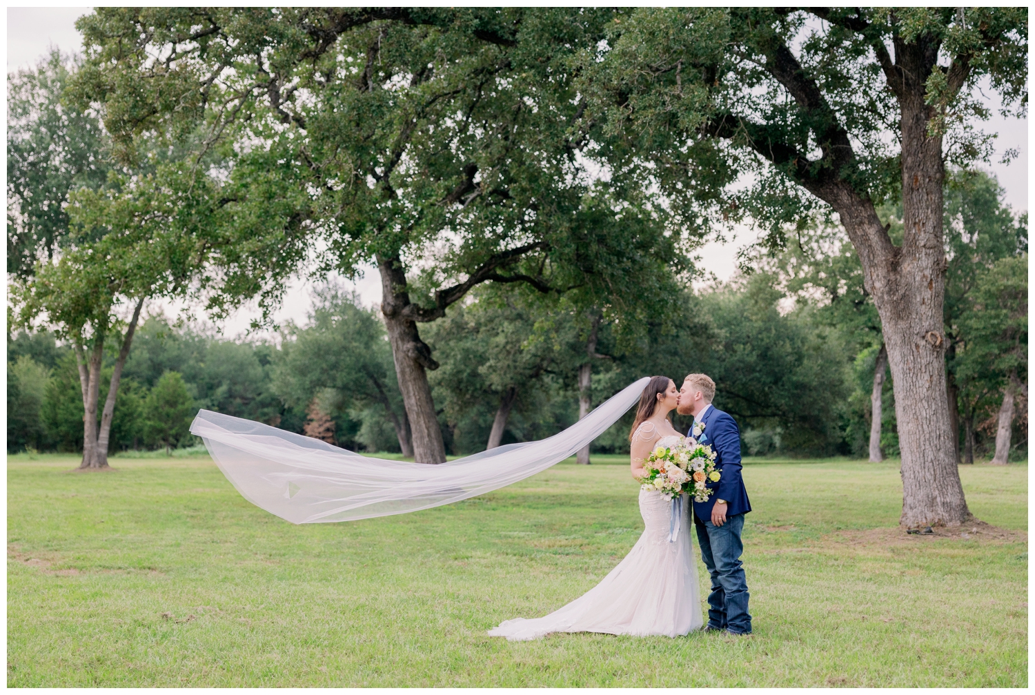bride and groom kissing portrait with veil flowing through the air outdoors at Bluebird Haven Estates Wedding venue