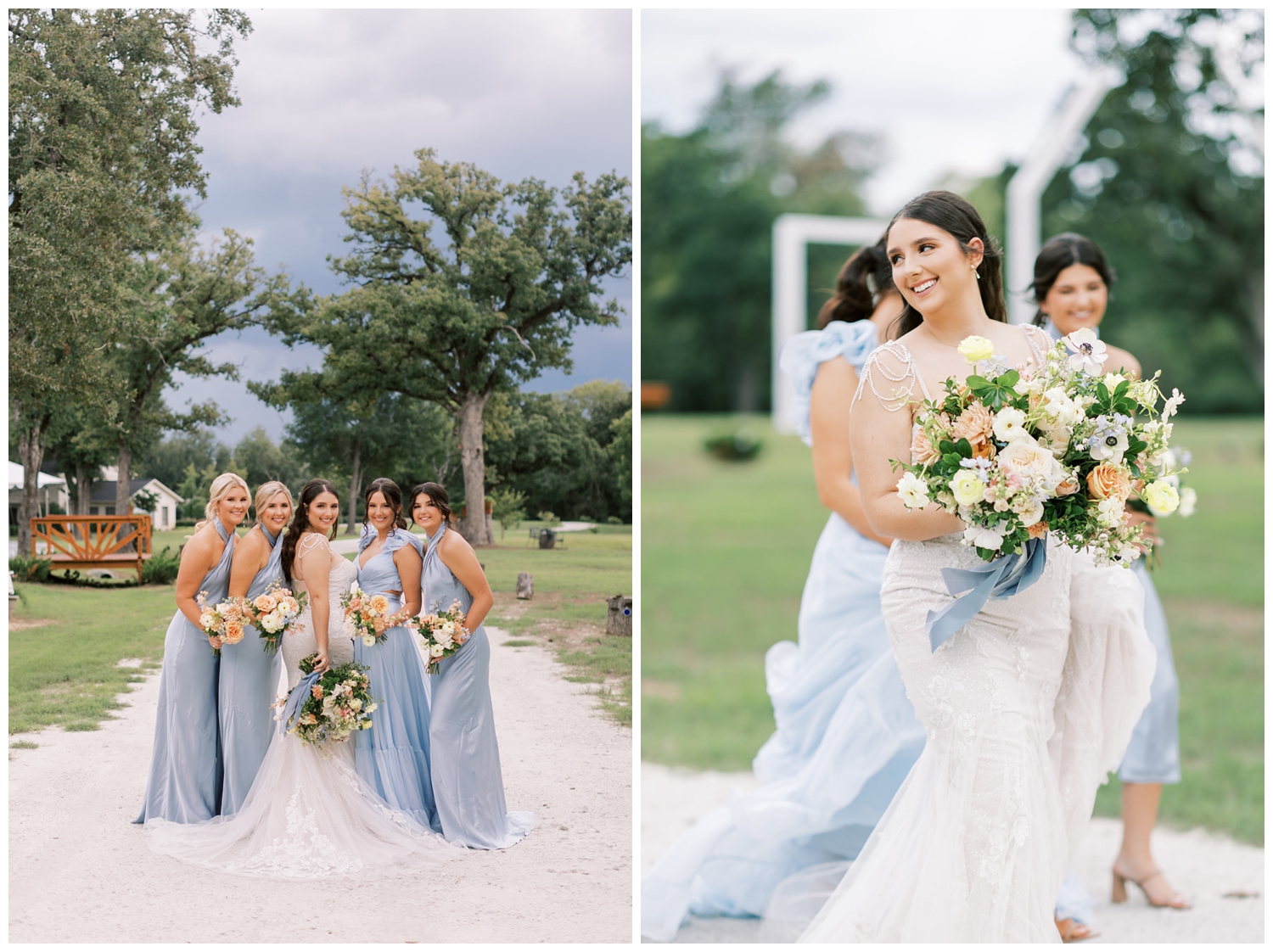 bride laughing and walking with bridesmaids in blue dresses