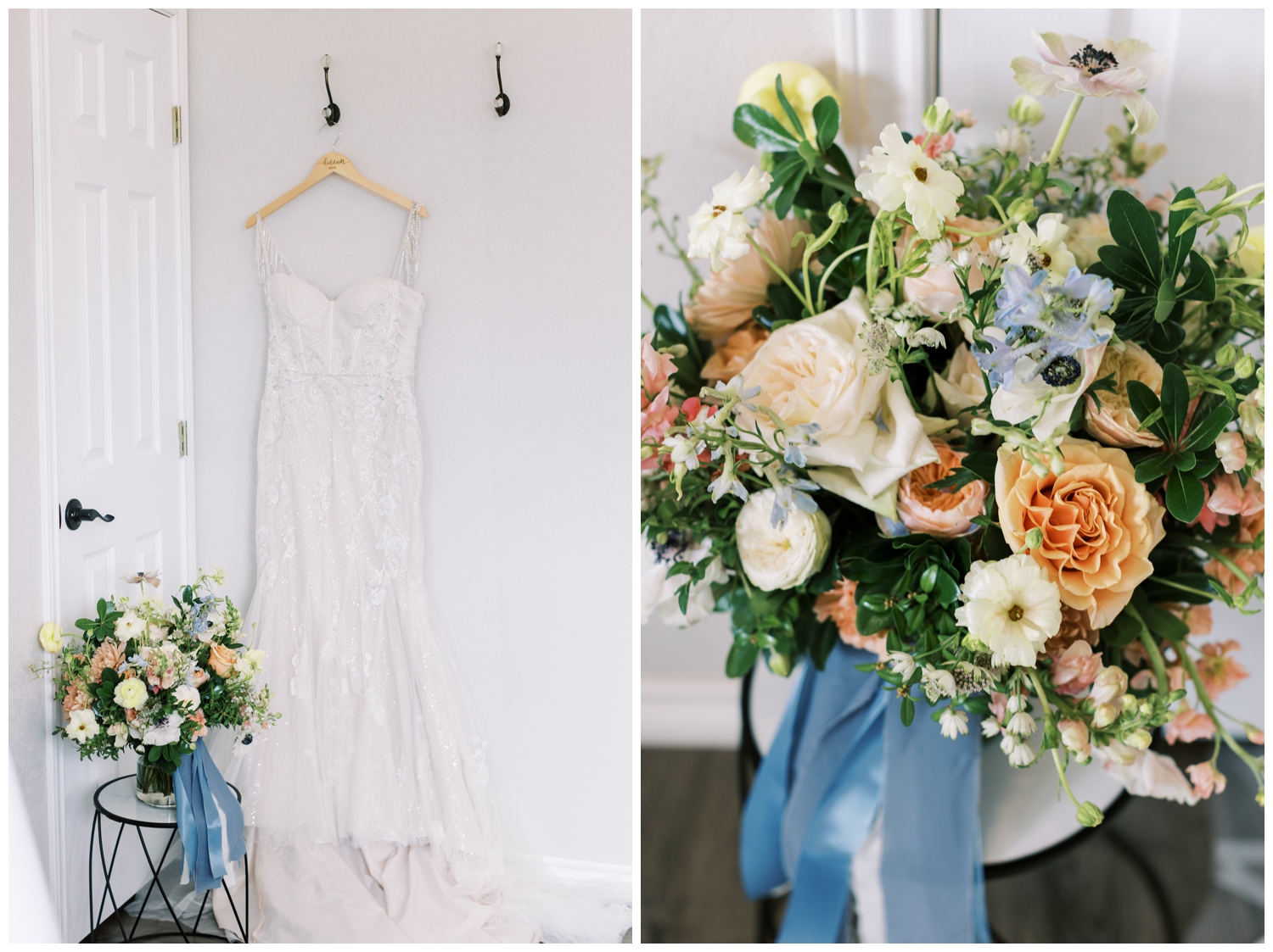 white wedding gown hanging and blue and peach floral bouquet