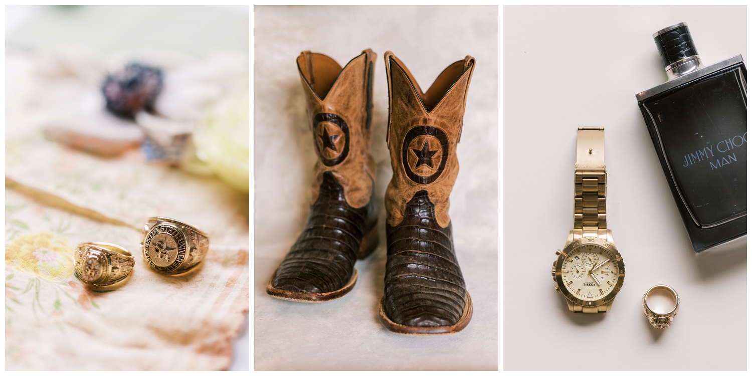 groom details with cowboy boots, gold watch and rings