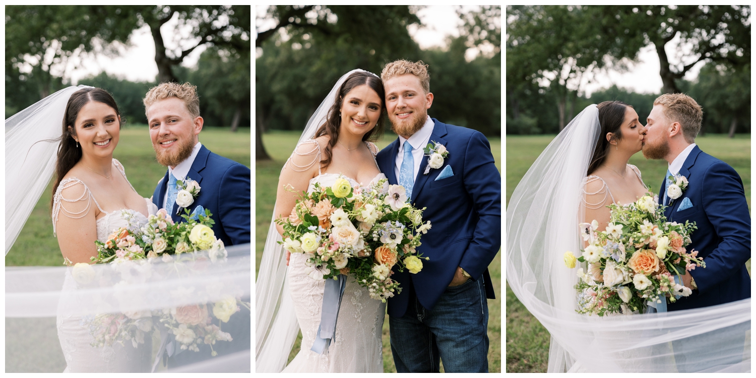 bride and groom portraits with flowing veil outdoors at Bluebird Haven Estates Wedding venue